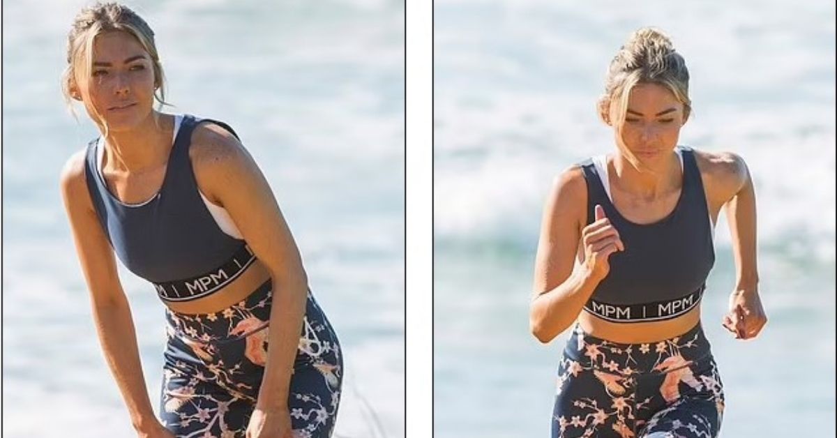 During the filming of Home and Away, Sam Frost flaunts her lean figure while jogging along Palm Beach in sportswear.